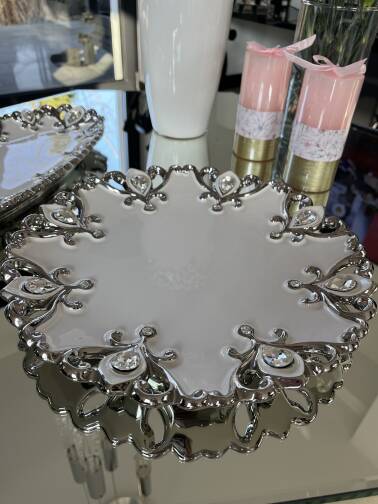 Patera biało srebrna kryształki 33 cm