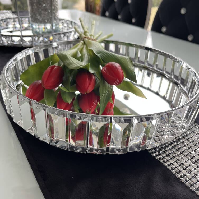 Taca lustrzana 29 cm srebrna kryształki 