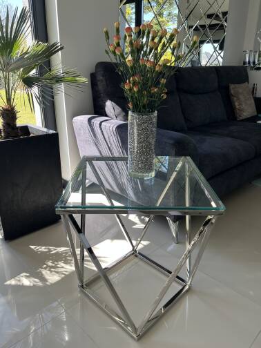 Stolik srebrny szklany 50 cm