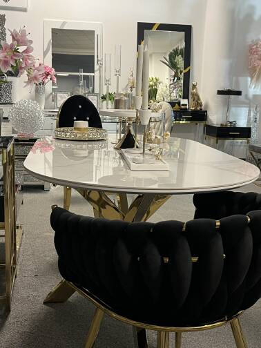 Stół złoty Dallas 160x90 cm biały marmur 